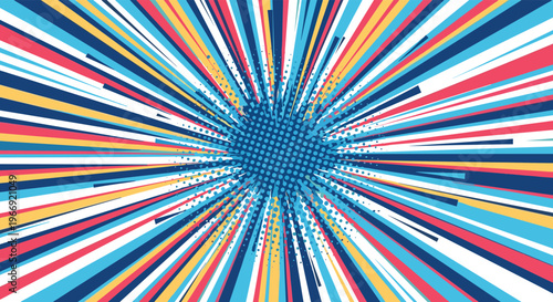 Dynamic comic book style background with vibrant rays of blue, yellow, and red bursting from a central halftone point for impact and energy.