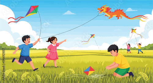 Children playing with colorful kites in a bright green field under blue skies