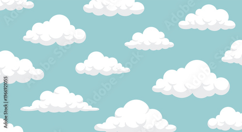 Calm and serene seamless pattern of white fluffy clouds on a light blue background perfect for various children themed nature designs.
