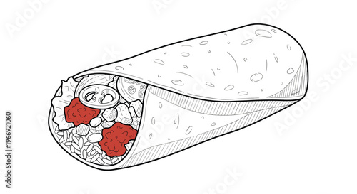 Hand drawn sketch of a delicious burrito wrap filled with rice and beans and topped with red salsa on a clean white background illustration.