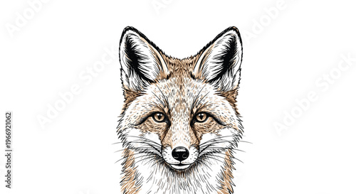 Detailed hand drawn illustration of a red fox head with realistic fur texture and expressive eyes on a plain white minimalist background.