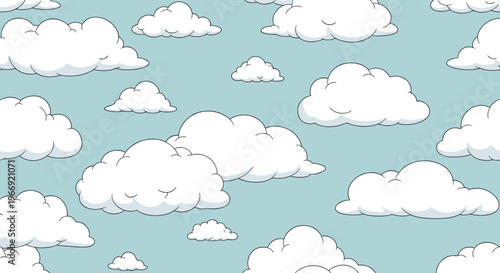 Seamless pattern of white fluffy clouds on a light blue sky background for a calm and peaceful weather themed nature illustration.