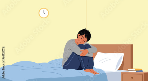 A sad young man sitting on his bed in a bedroom, feeling lonely and depressed