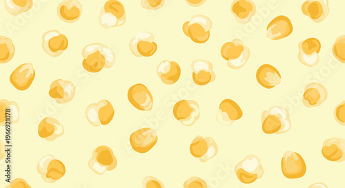 Fun seamless pattern of yellow popcorn kernels on a light background perfect for cinema or movie night themed decorations and snack themes.