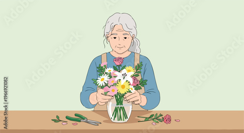 An elderly woman with grey hair arranging a bouquet of colorful flowers in a vase