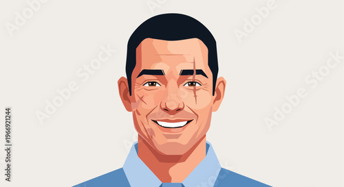A flat illustration of a smiling man with a facial scar on a light background (1)