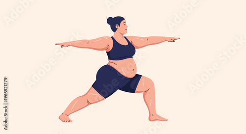 A plus size woman practicing yoga in a warrior pose wearing a sports outfit