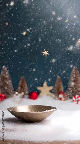 Festive Winter Christmas Scene with Golden Bowl and Falling Snow