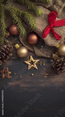 Rustic Christmas Decorations and Ornaments on Dark Wood Background