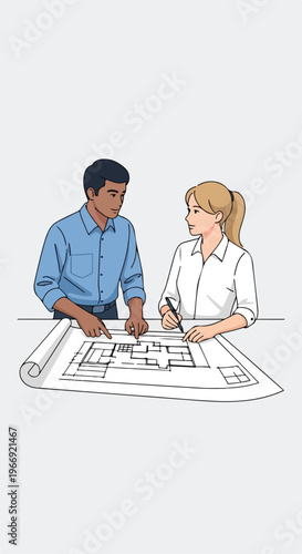 Two professionals collaborate and examine a building blueprint on a desk together