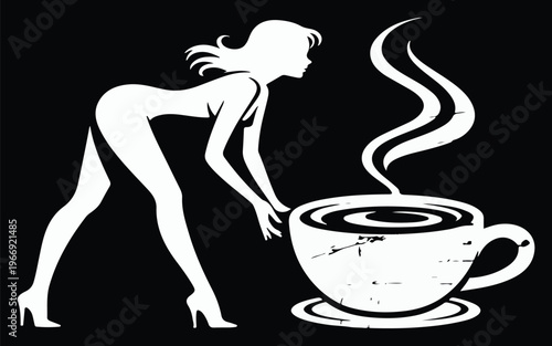 A woman in high heels leaning over a steaming cup of coffee