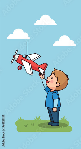 A happy young boy standing on grass playing with a red toy airplane outdoors