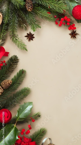 Christmas Festive Border with Fir Branches and Red Berries on Beige Background