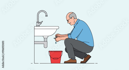An elderly man crouches under a sink, attempting to fix a leaking plumbing pipe
