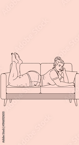 A line art illustration of a young woman lounging on a couch talking on a phone