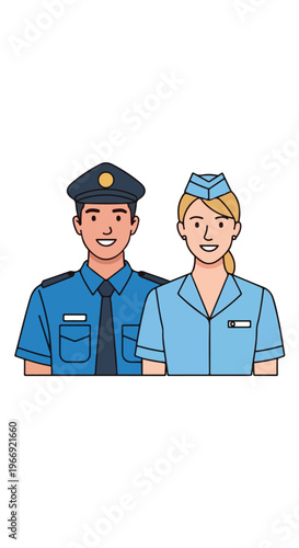 A smiling male pilot and a female flight attendant posing in their uniforms