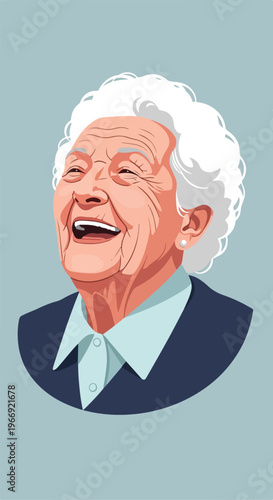 A vibrant portrait of an elderly woman with white hair laughing joyfully upward