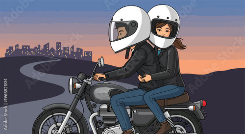 A man and a woman in helmets ride a motorcycle toward a distant city skyline
