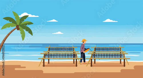 A fisherman dries fish on wooden racks along a sunny tropical sandy beach shore