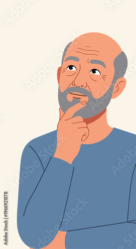 An elderly man with a grey beard looks upwards in a thoughtful, pensive manner