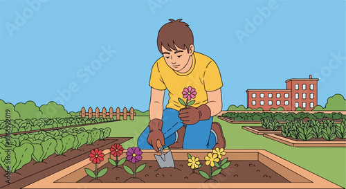 A young person kneeling in a community garden, planting colorful flower seedlings