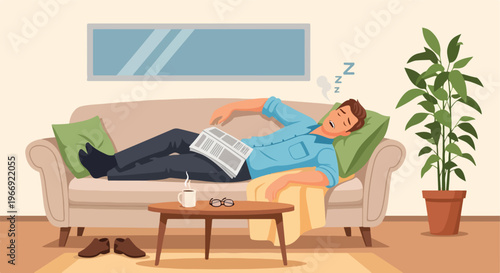 A man in a blue shirt sleeping on a sofa with a newspaper and coffee nearby