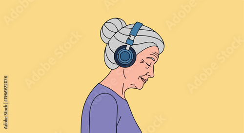 An elderly woman with white hair in a bun wearing headphones and smiling softly