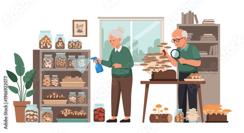 An elderly couple tends to various mushrooms grown in a home hobby laboratory set