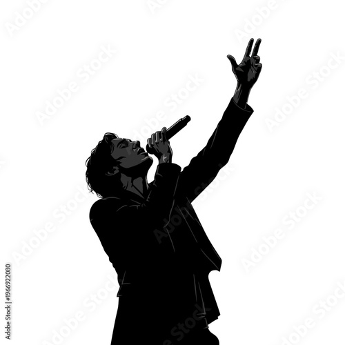 Silhouette of a male singer performing on stage with microphone raised.
