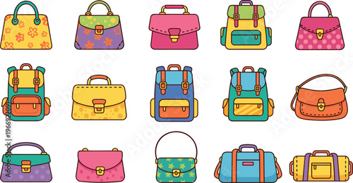 Vector flat cartoon illustration set of eighteen colorful handbags backpacks and briefcases for fashion and travel themes.