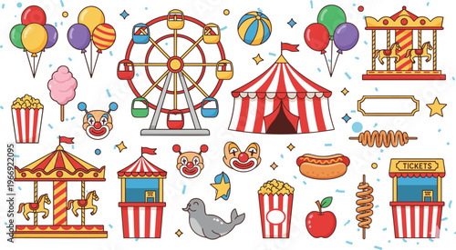 Vector flat cartoon illustration set of carnival and circus elements including ferris wheel tent balloons and amusement park snacks.