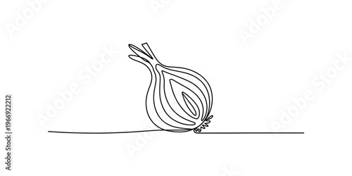 A single continuous line drawing of an onion vegetable isolated on a plain white background area. Vector, illustration