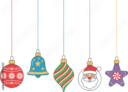 Vector illustration set of six colorful Christmas ornaments with festive patterns hanging on strings for holiday decor.