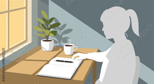 A flat illustration of a person studying at a desk with a plant and a coffee