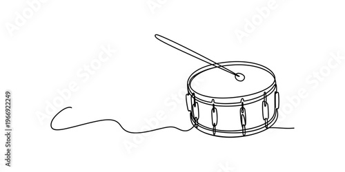 A single continuous line drawing of a snare drum with a drumstick resting on top of the instrument. Vector, illustration