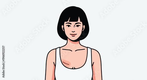 A young woman with short dark hair wearing a white tank top with a chest scar