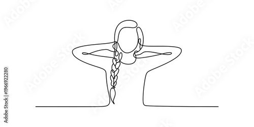 A minimalist single line drawing of a woman with a long braided hairstyle posing with arms raised Vector, illustration