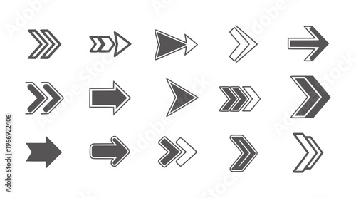 Collection of fifteen diverse grey arrow pointing right white direction symbol