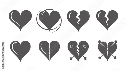 Collection of eight dark gray heart with various and breaks broken love symbol