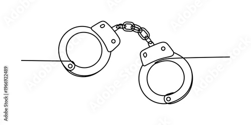 A simple black and white line drawing illustration of a pair of classic metal police handcuffs. Vector, illustration