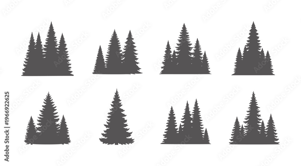 Obraz premium Dark grey pine tree silhouettes arranged in clusters a white forest nature