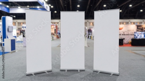 Three blank roll-up banners stand in a spacious hall, perfect for promotional displays or presentations. The banners are clean and ready for content, creating a professional setting