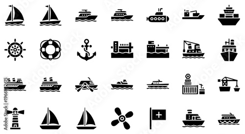 Boat and Maritime Filled Icon Set with Cargo Ship Sailboat Submarine Helm Vector