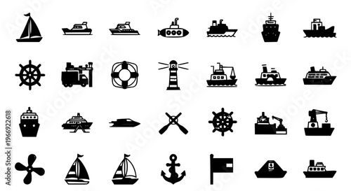 Editable Filled Boat Icon Collection with Cargo Ship Sailboat Submarine Helm Vector