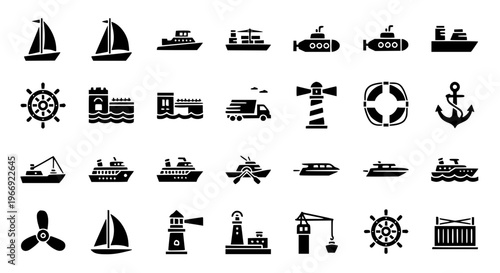 Filled Boat Icon Set with Sailboat Cargo Ship Submarine Helm and Harbor Vector