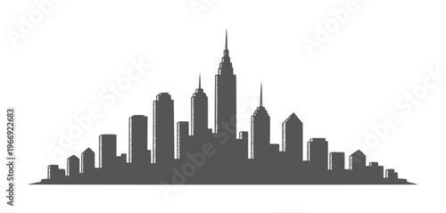 Dark grey silhouette of a sprawling city skyline with varied building heights buildings