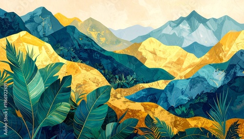 Vibrant abstract mountain landscape with lush tropical foliage and layered peaks.