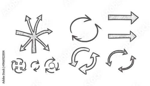 Hand drawn arrow collection showing direction and cycles circular forward