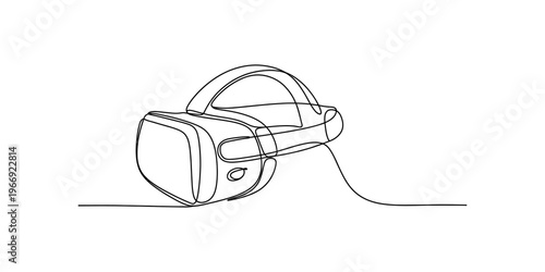 A single continuous line drawing of a virtual reality headset on a plain white background surface. Vector, illustration
