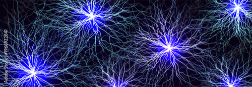 Neural Network Brain Neurone Synapse Connections Lightning Ball Energy Glow. Machine Learning Technology Background for AI Data Flow, BigData, Medical Science Research, Biotech. Vector illustration